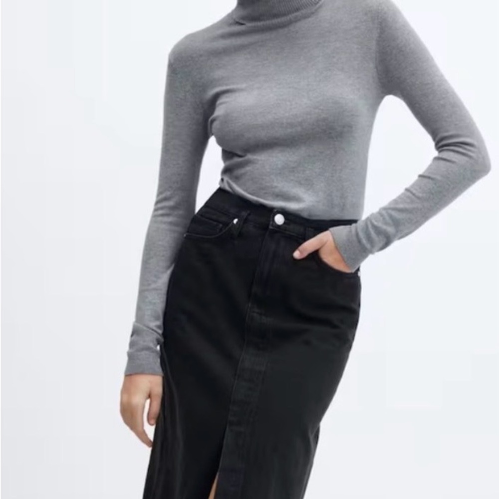 Mango Black Denim Midi Skirt - Front Slit - Never Worn - Size XS